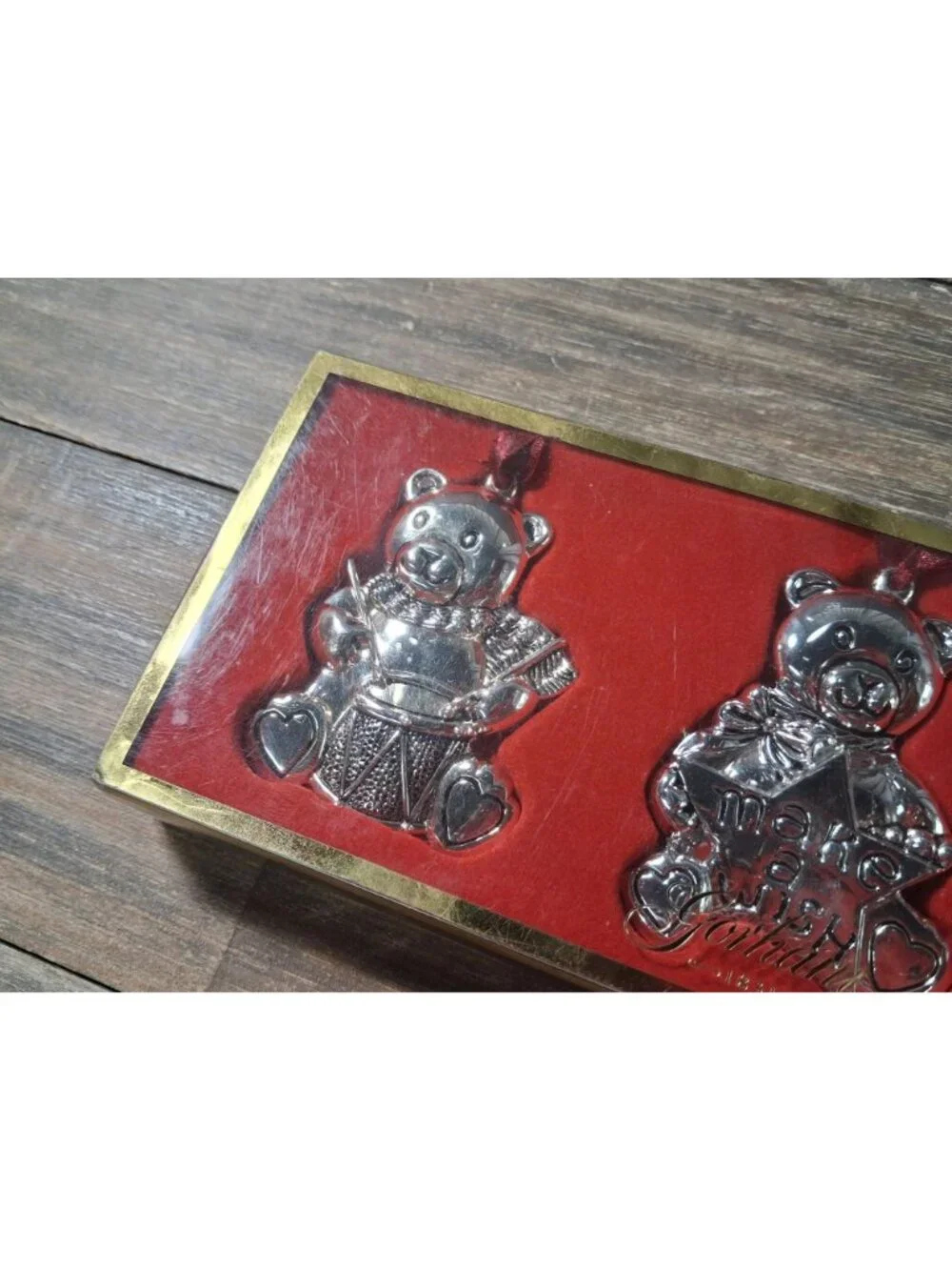 Gorham Silver Plated Teddy Bear Christmas Ornies Set Drum List Make Wish